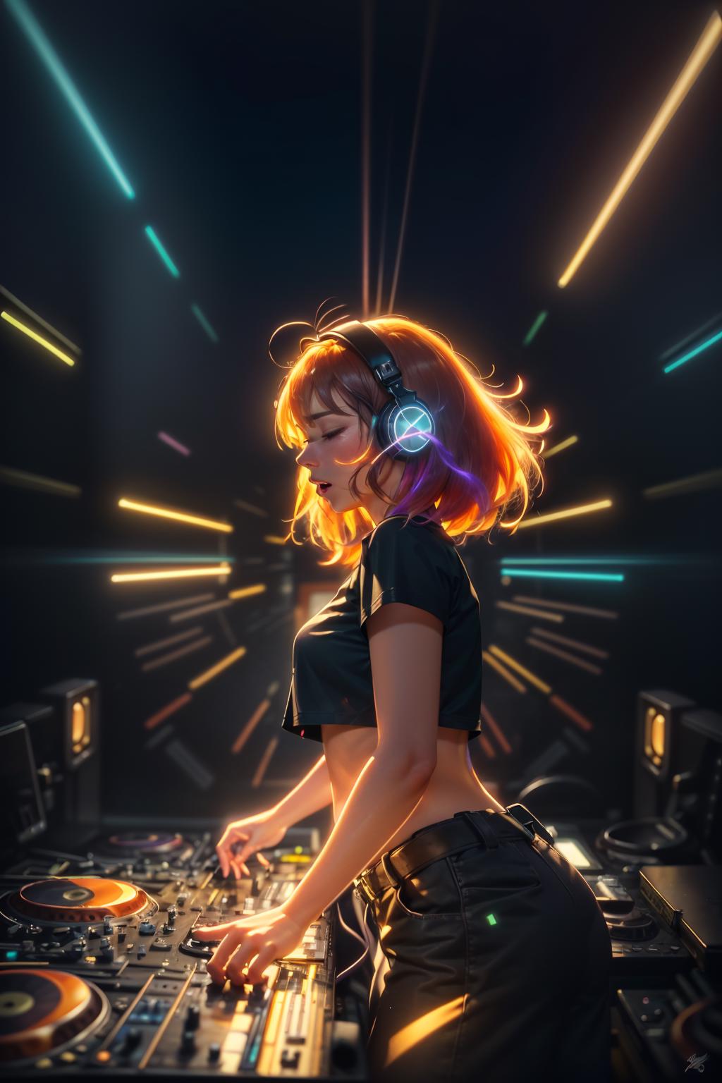 Attractive DJ girl at the hot dance beach party. DJ console turntable,  headphones. Evening light. Palm trees on background. Hot summer vacation  nightlife. Stock Illustration | Adobe Stock